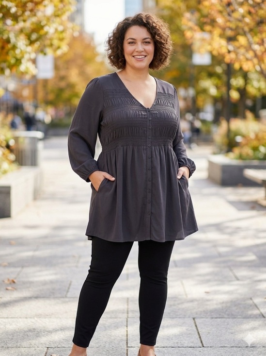 torrid Tops - torrid Dark Charcoal Smocked V-Neck Button Tunic